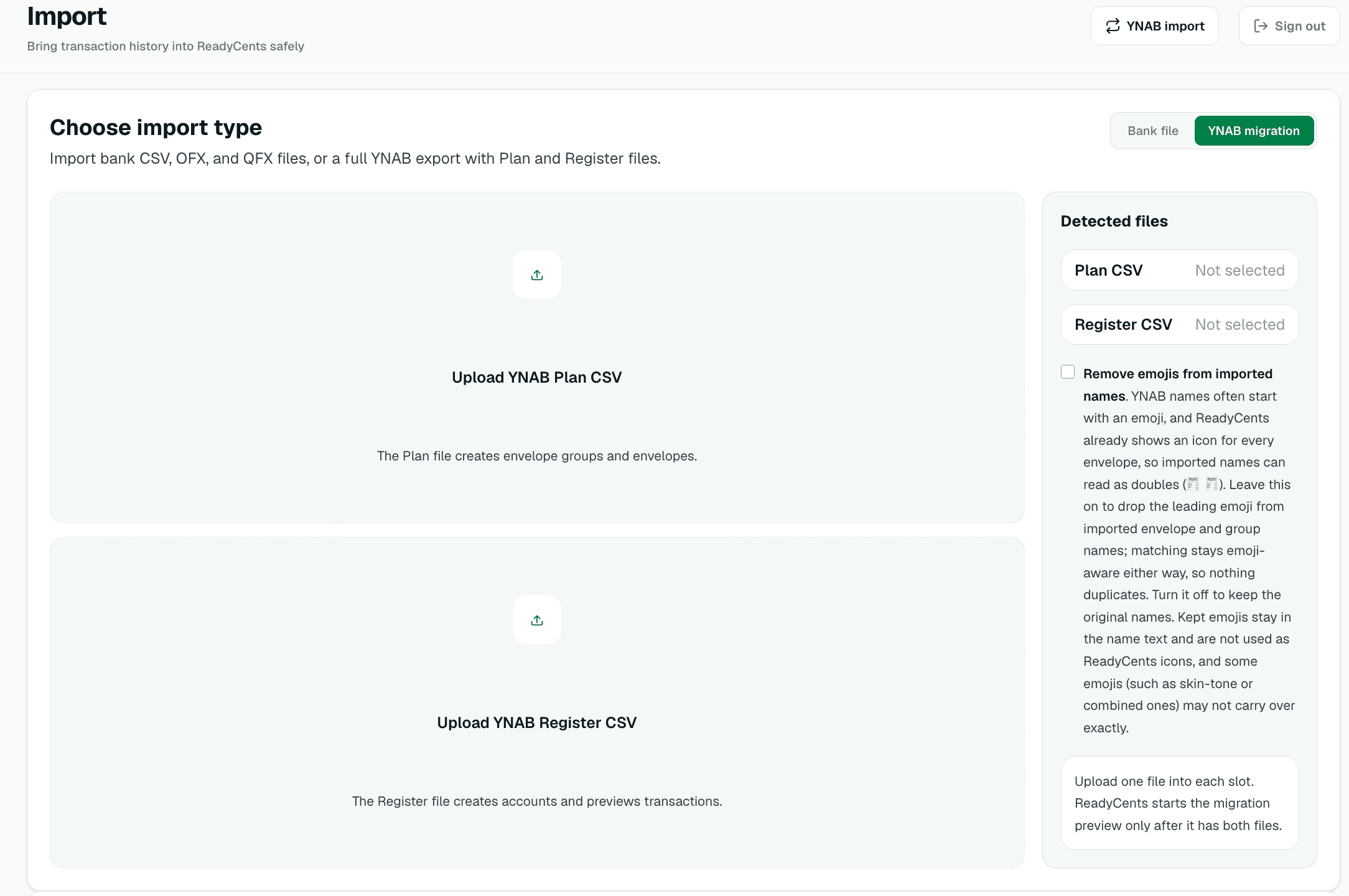 ReadyCents Import page with YNAB migration selected, separate Plan CSV and Register CSV upload areas, and the Detected files panel.