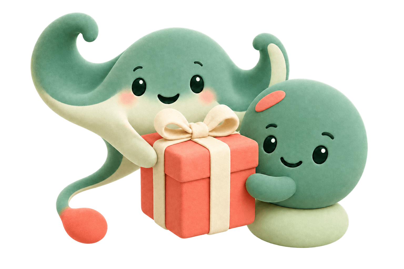 Mellow and Pebble holding a coral gift